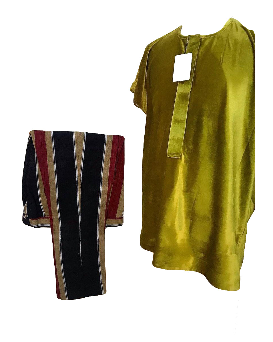 African Art Wear men Two Piece Set Short Sleeve Top Avocado Green shirt With Stripe Trouser