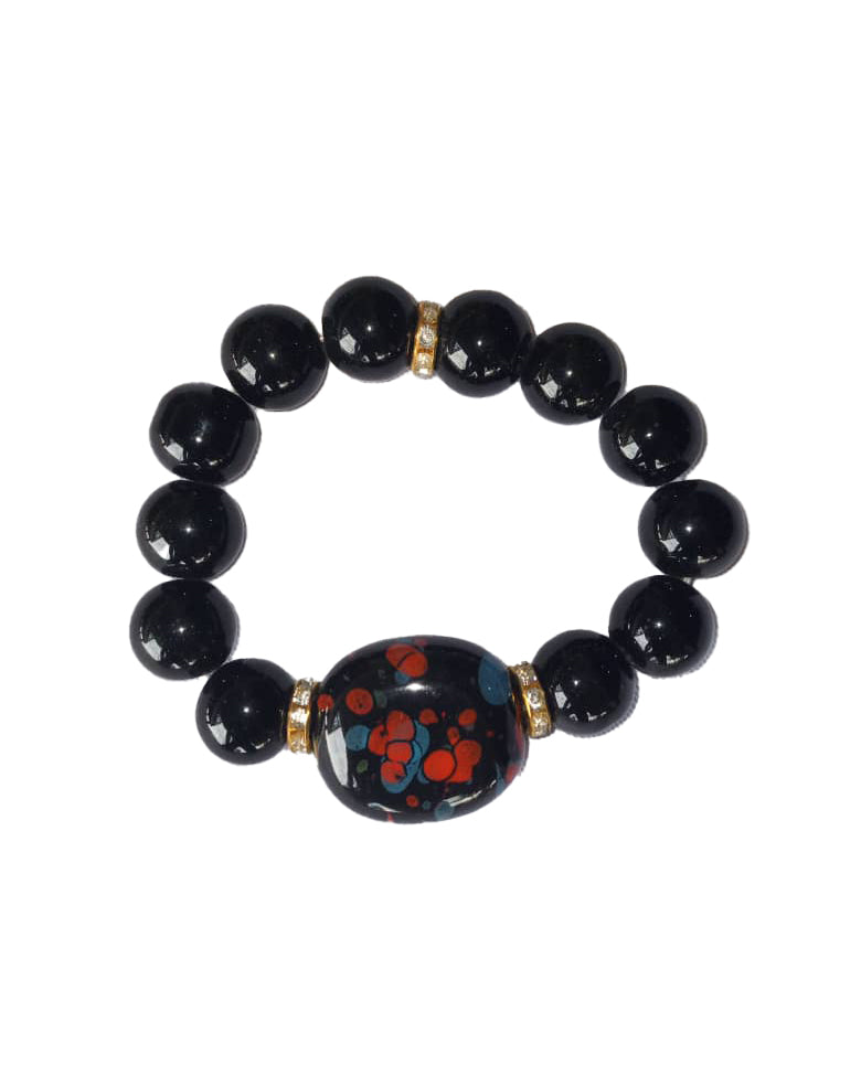 African Handicraft Beaded Tribal Art Dark Black Red Printed Stone Bracelet
