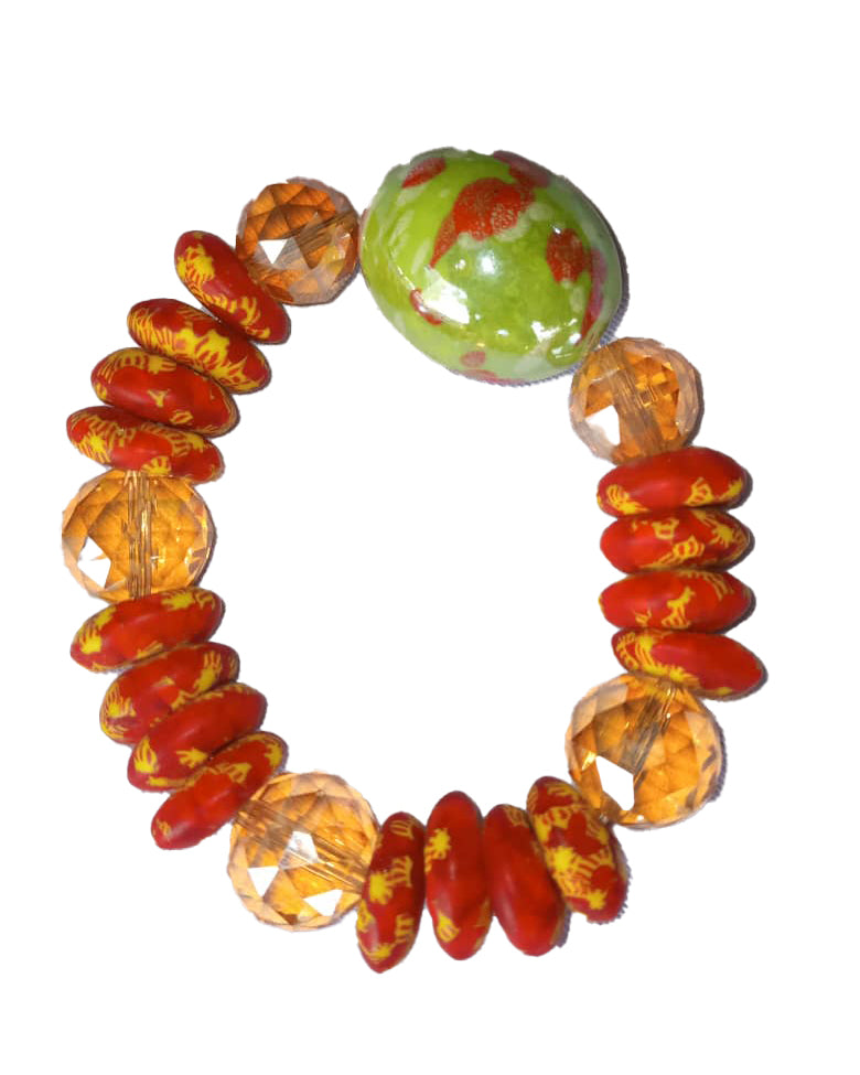 African Handicraft Wooden Beaded Tribal Art Dark Pastel Red Orange And Green Printed Stone Bracelet