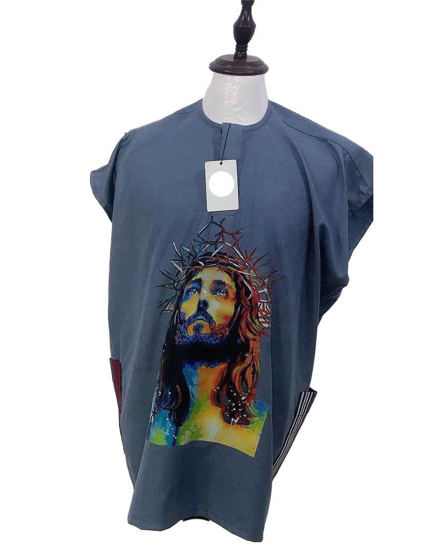 African Art Wear men Short Sleeve Top Navy Blue Long Hair Man Face Graphic Long male T-shirt