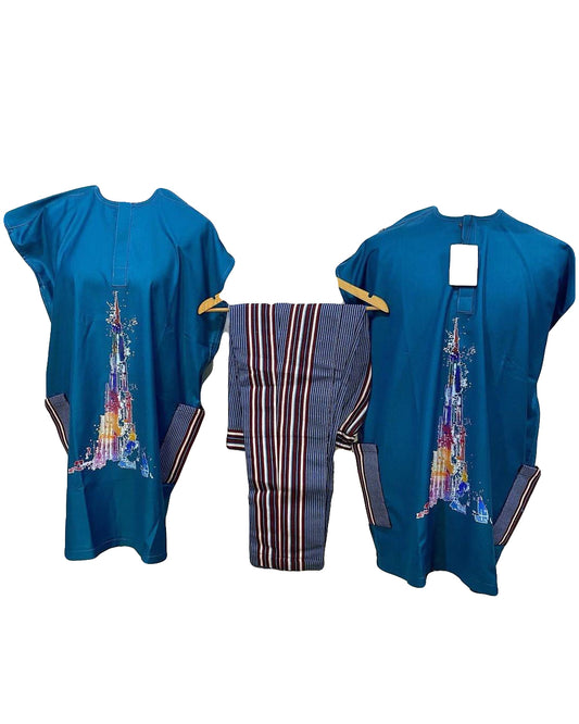 African Men's Art Wear Short Sleeve Two piece set Top Navy Blue Tower Print Stylish Long tshirt With Trouser