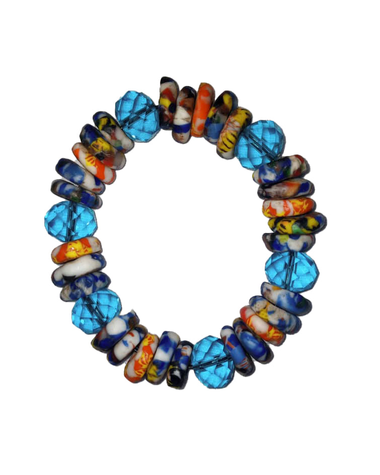 African Handicraft Wooden Beaded Tribal Art Pearl Blue And Red Printed Stone Bracelet