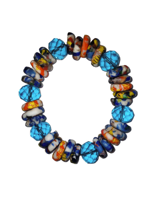 African Handicraft Wooden Beaded Tribal Art Pearl Blue And Red Printed Stone Bracelet