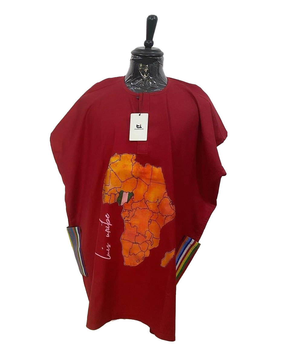 African Men's Art Wear Short Sleeve Top Red Africa Map Print Loose Fashion Stylish Long T-shirt