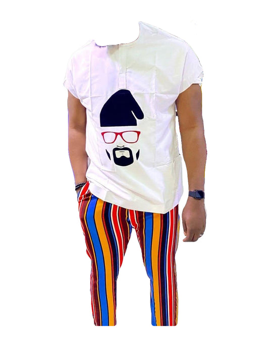 African Men's Art Wear Two Piece Set Short Sleeve Top White & Black Beard Face Print Stylish Long T-shirt With Stripe Pant