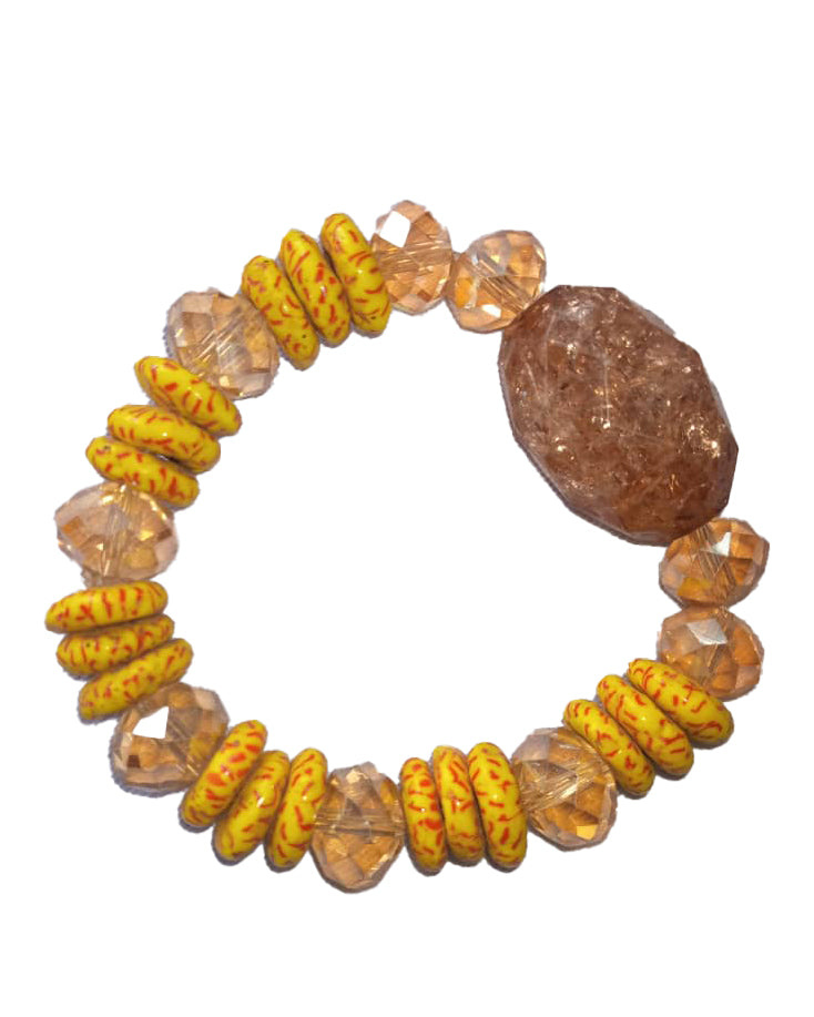 African Handicraft Wooden Beaded Tribal Art Yellow And Woody Brown Printed Stone Bracelet