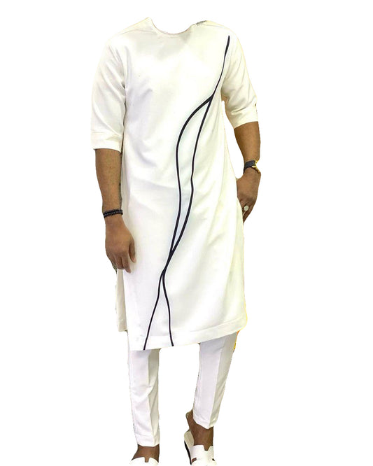 African Men's Art Wear Two Piece Set White & Black Short Sleeve Top Shirt With matching Pant