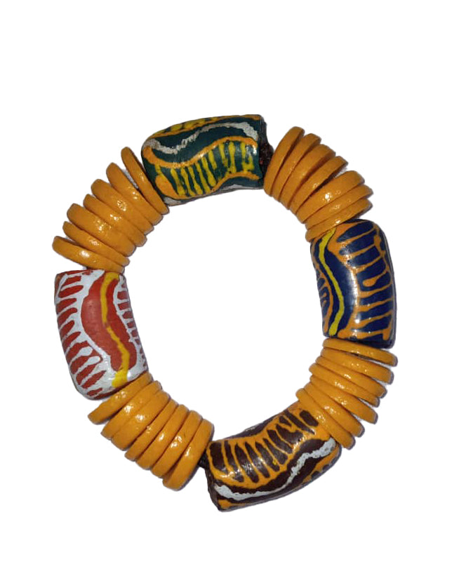 African Handicraft Wooden Beaded Tribal Art Copper Black Printed Bracelet