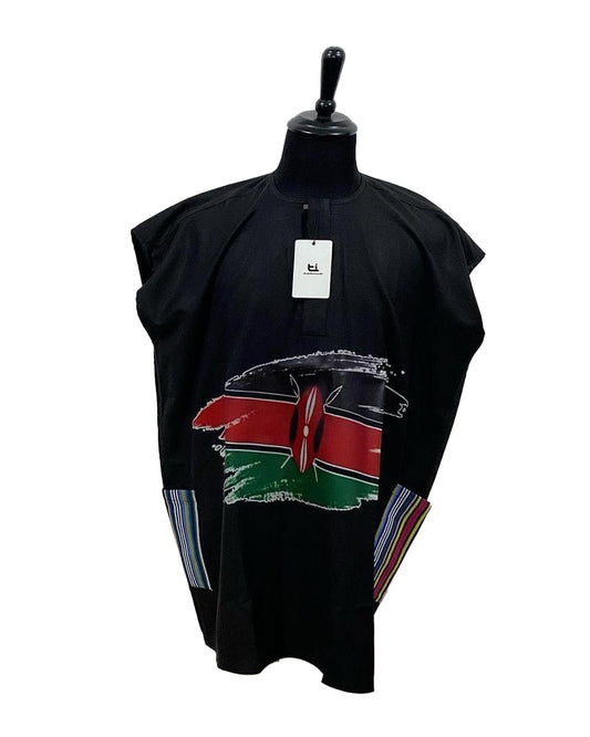 African Art Wear Kenya flag Print summer top Outfit Casual Short Sleeve Black loose fashion Long T-shirt With Pockets